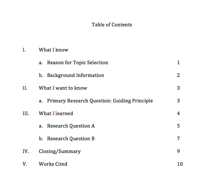 Table of contents format in research paper
